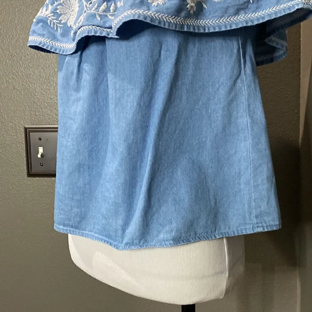 Forever 21 Off Shoulder Blouse White Floral Embroidery Chambray Denim Top
